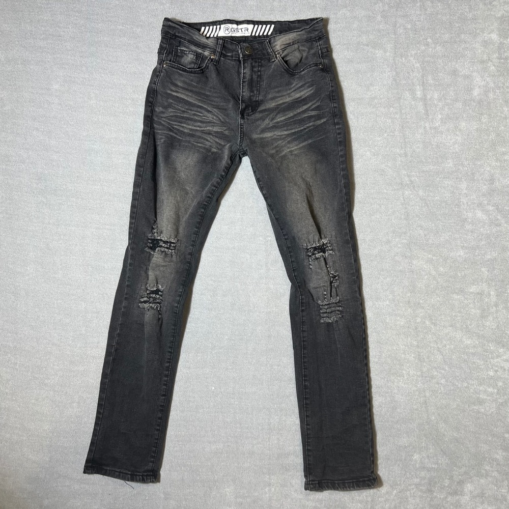R GSTR Mens Distressed Slim Fit Jeans Faded Black Ripped Denim Size 30